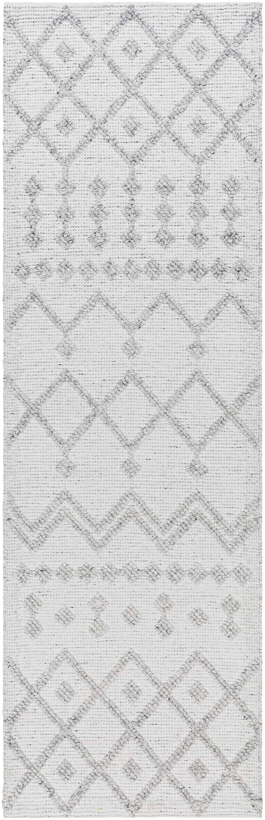 Close-up of the hand woven Rick Area Rug. Farmhouse style with gray diamond and geometric pattern on arctic stone. Design-Runner-268