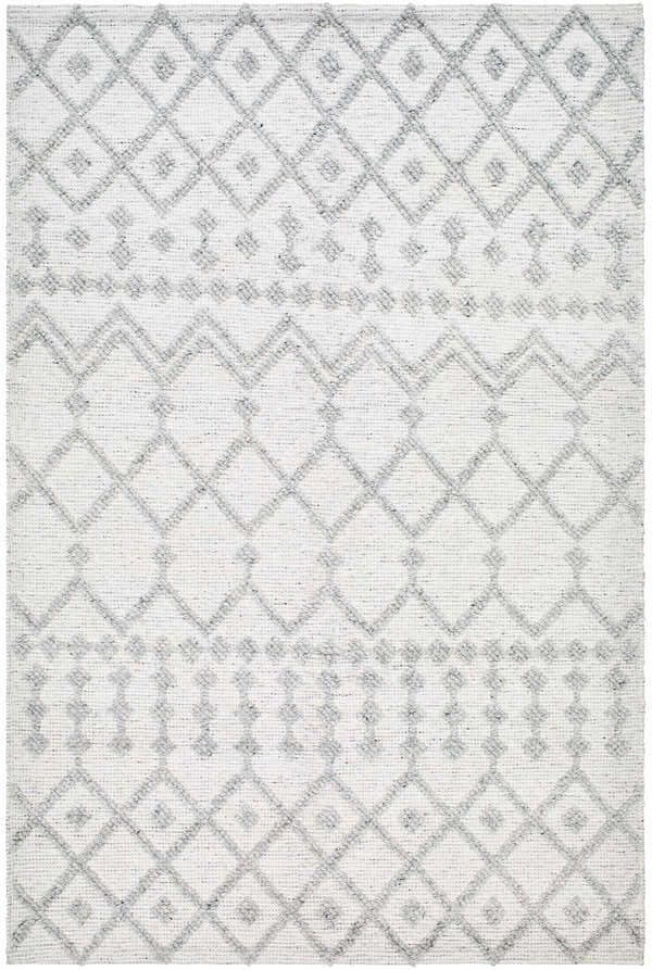 Close-up of the Rick Area Rug. Hand-woven rug with an arctic stone base and dark gray geometric diamond pattern. Design-Rectangle-576