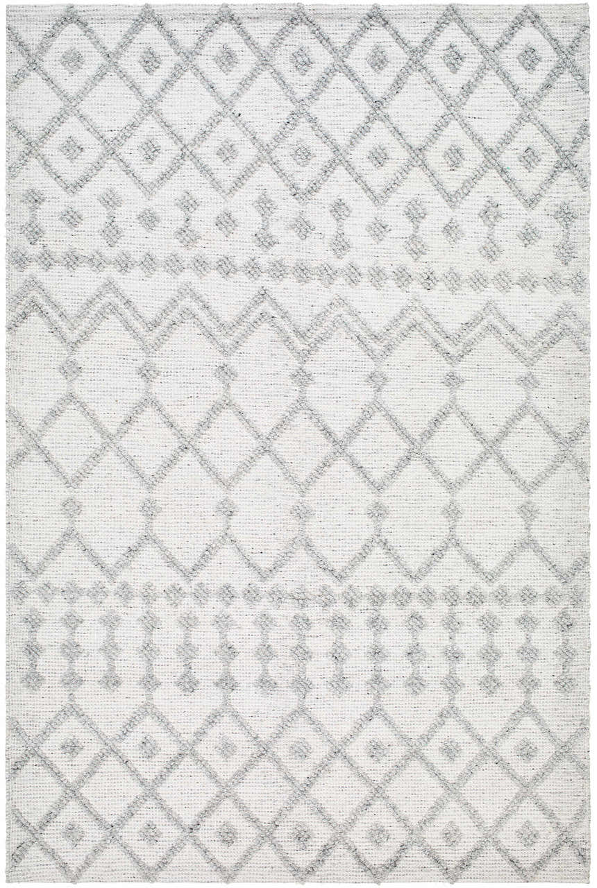 Close-up of the Rick Area Rug. Hand-woven rug with an arctic stone base and dark gray geometric diamond pattern. Design-Rectangle-576