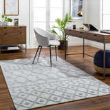 Home office with wood floors and gray Rick Area Rug. Farmhouse style with desk, chair, and dresser. Roomscene-Rectangle