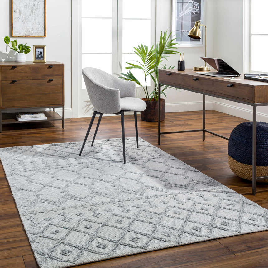 Home office with wood floors and gray Rick Area Rug. Farmhouse style with desk, chair, and dresser. Roomscene-Rectangle
