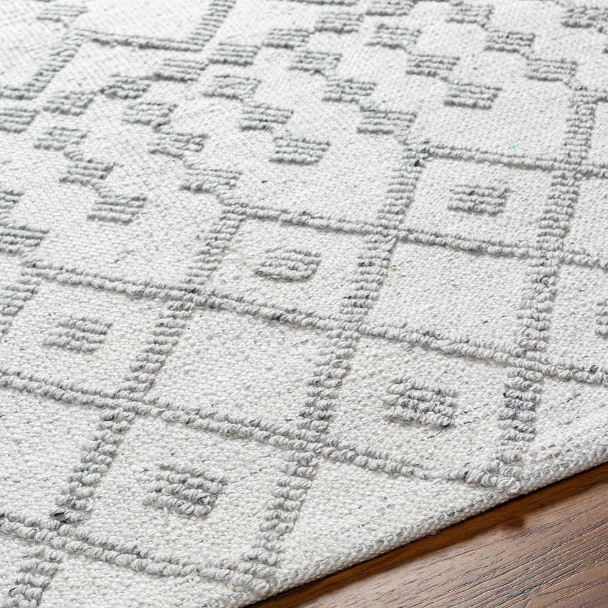 Close-up of the hand-woven Rick Area Rug. Features a geometric pattern in arctic stone and gray on a textured, flatweave surface. Texture