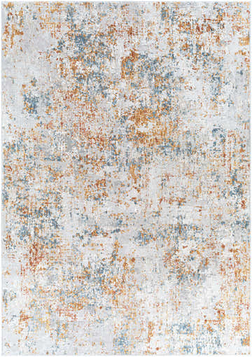 Close-up of the Rocklea Textured Luxe Area Rug. Features a distressed, contemporary pattern in blue, brick red, and gray hues. Design-Rectangle-573