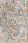 Close-up of the Rocklea Textured Luxe Area Rug. Abstract design in blue, brick red, mustard, brown, and gray tones. Design-Rectangle-6796