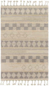 Close-up of Ardee Totem rug. Jute and wool blend rug with gray geometric pattern on a tan background and tasseled edges. Design-Rectangle-576