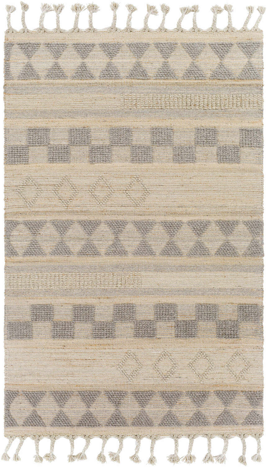 Close-up of Ardee Totem rug. Jute and wool blend rug with gray geometric pattern on a tan background and tasseled edges. Design-Rectangle-576
