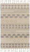 Close-up of Ardee Totem rug. Jute and wool blend rug with gray geometric pattern on a tan background and tasseled edges. Design-Rectangle-576