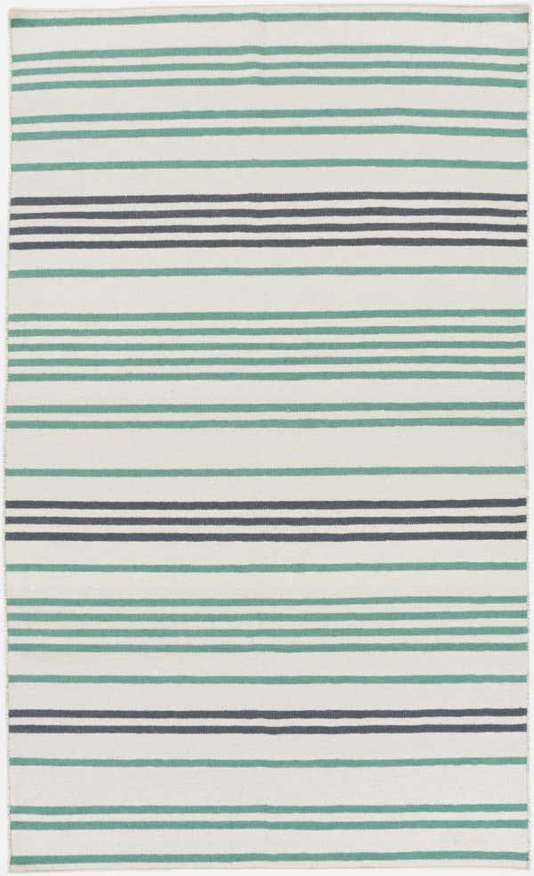 Close-up of the Ridgeside Area Rug, a hand woven wool rug with emerald, ivory, and navy stripes. Design-Rectangle-58