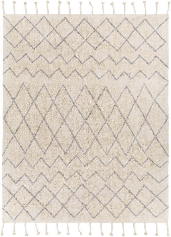 Close-up of the Redlands Area Rug. Cream rug with gray geometric diamond pattern and tassels. Hand woven cotton texture. Design-Rectangle-810