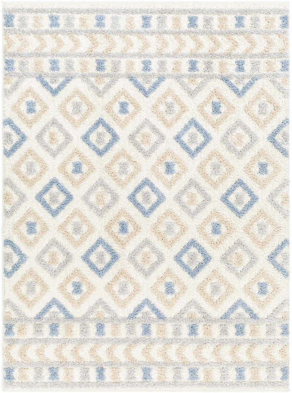 Close-up of the Eivin Pink & Blue Area Rug featuring a geometric diamond pattern in light blue, gray, and beige. Shag texture. Design-Rectangle-537