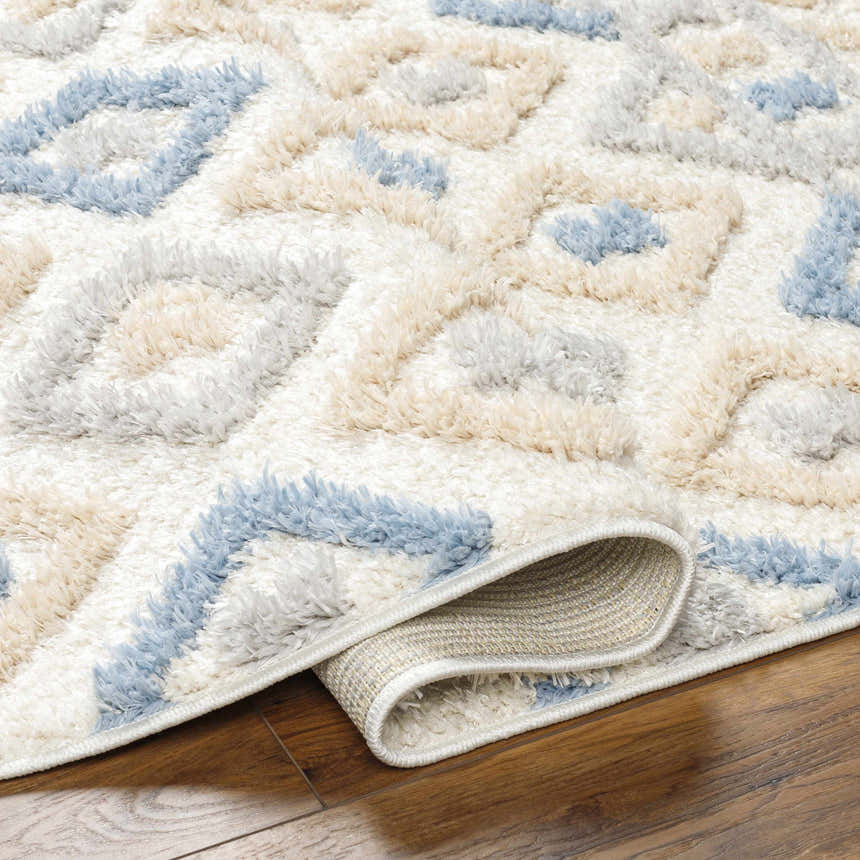 Close-up of the Eivin Pink & Blue Area Rug showing its shag texture and light blue, light gray, and cream geometric pattern. Fold