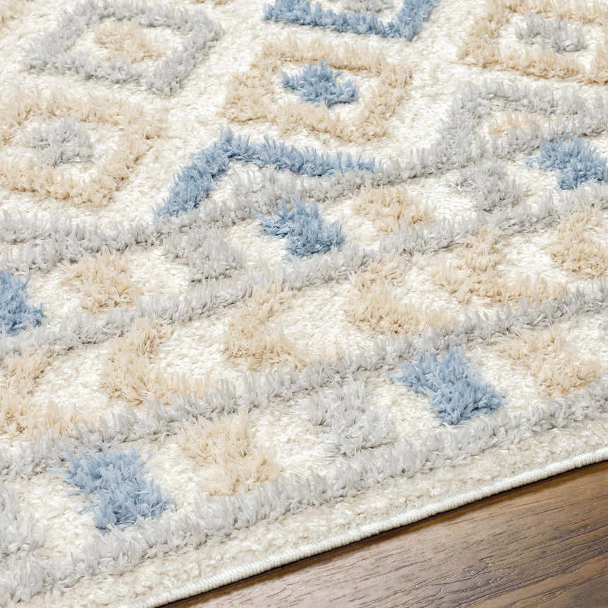 Close-up of the Eivin Pink & Blue Area Rug, a shag rug with a geometric pattern in light blue, gray, and beige. Texture