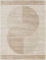 Close-up of Zeke Geometric Nutmeg Rug, featuring a contemporary circle and stripe pattern in nutmeg and lambswool tones. Design-Rectangle-537