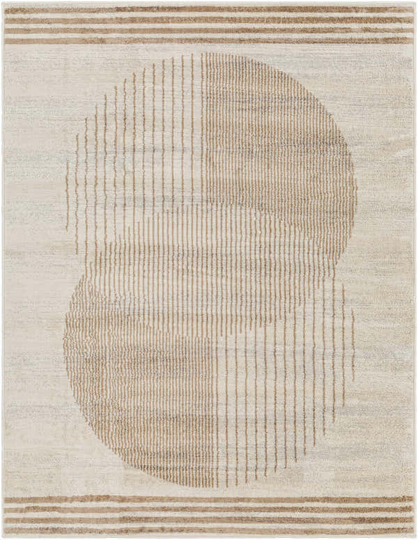 Close-up of Zeke Geometric Nutmeg Rug, featuring a contemporary circle and stripe pattern in nutmeg and lambswool tones. Design-Rectangle-537