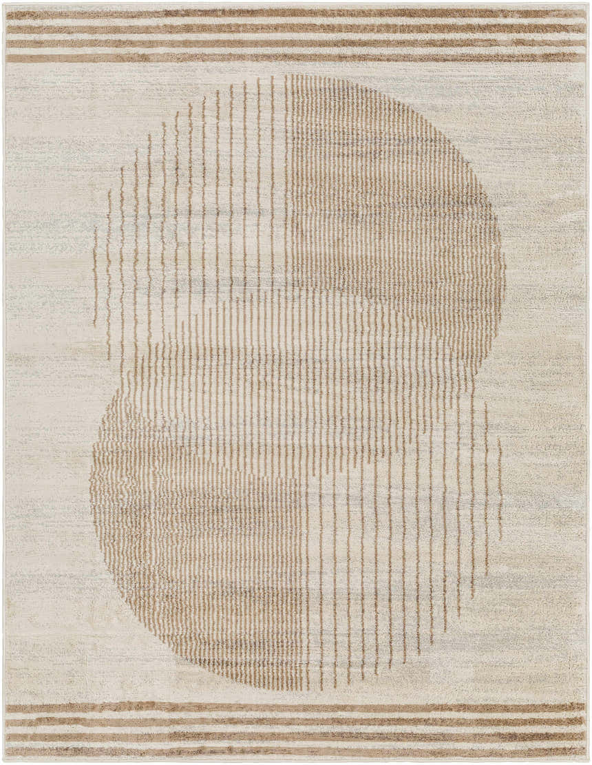 Close-up of Zeke Geometric Nutmeg Rug, featuring a contemporary circle and stripe pattern in nutmeg and lambswool tones. Design-Rectangle-537