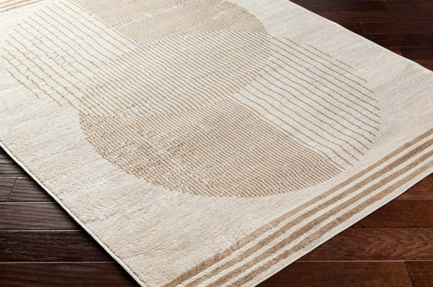 Close-up of the Zeke Geometric Nutmeg Rug showing its linear geometric pattern and neutral nutmeg and ivory colors. Corner
