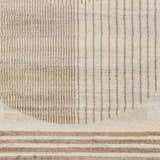 Close-up of the Zeke Geometric Nutmeg Rug, featuring a linear pattern in nutmeg and lambswool hues. Contemporary design. Swatch