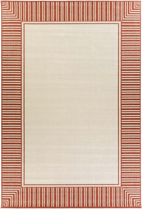 Close-up of Redby Area Rug: beige center with brick red striped border. Contemporary, farmhouse style. Olefin material. Design-Rectangle-76109