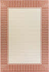 Close-up of Redby Area Rug: beige center with brick red striped border. Contemporary, farmhouse style. Olefin material. Design-Rectangle-76109