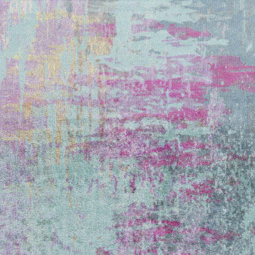 Close-up of Redland Colorful Abstract Rug showing aqua, lavender, magenta, and gray abstract design. Swatch