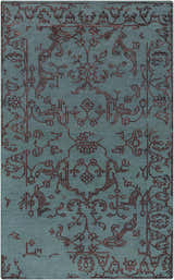 Close-up of the Redvale Area Rug. Hand-knotted wool and viscose rug in teal with a burgundy, transitional-style pattern. Design-Rectangle-58