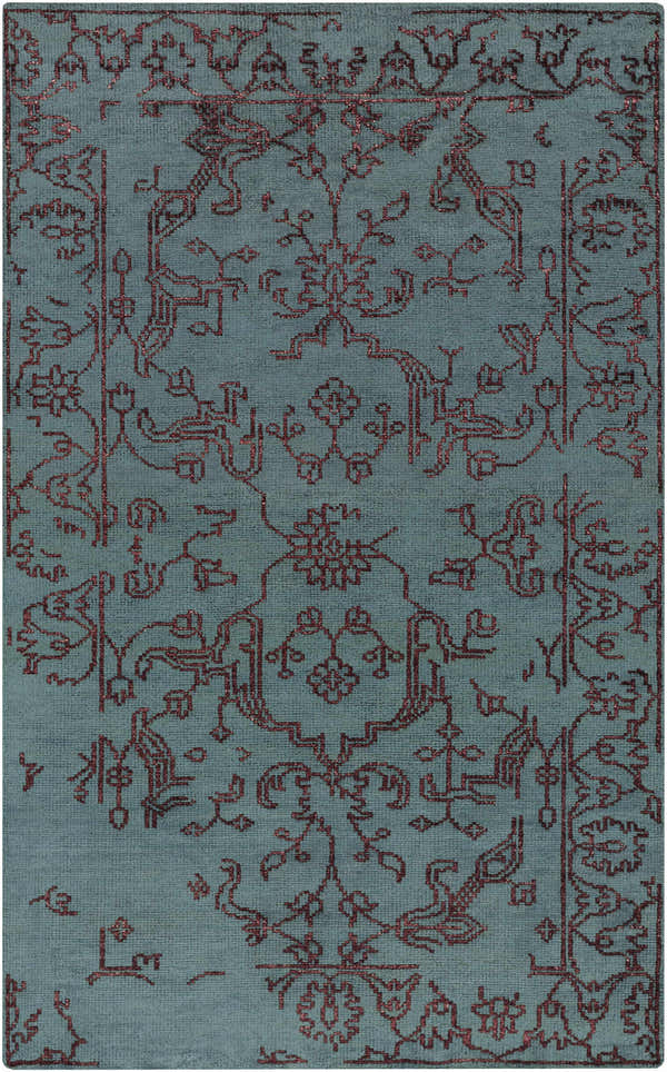 Close-up of the Redvale Area Rug. Hand-knotted wool and viscose rug in teal with a burgundy, transitional-style pattern. Design-Rectangle-58