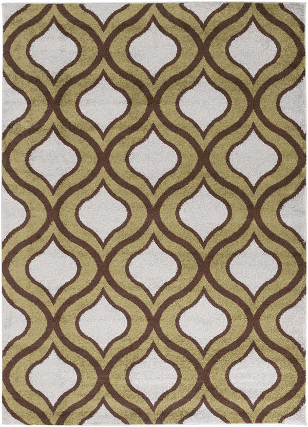 Close-up of Reeders Area Rug featuring a contemporary olive, brown, and charcoal geometric pattern. Design-Rectangle