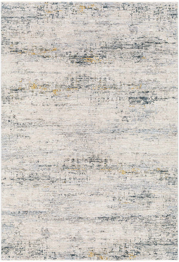 Close-up of the Rendlesham Luxe Rug. Cream rug with abstract pattern in dusty sage, gray, light gray, mustard, and teal. Design-Rectangle-575