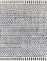 Close-up of the Renick Area Rug. Bohemian style rug with a geometric pattern in navy blue and ivory. Design-Rectangle-710103