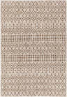 Close-up of the Rennert Area Rug. Farmhouse style rug with dark brown diamond and linear patterns on a taupe background. Design-Rectangle-5376
