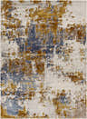 Close-up of the Maralal Mustard & Blue Area Rug, featuring a contemporary abstract design in mustard, denim, and gray tones. Design-Rectangle-71010