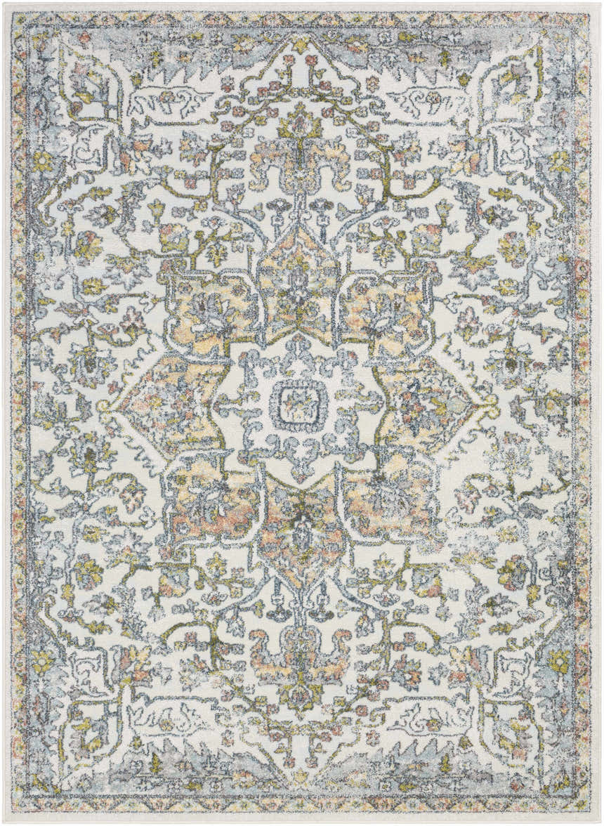 Close-up of the Reubens Area Rug, a machine-woven rug with a traditional floral pattern in ivory, gold, and blue. Design-Rectangle-5373