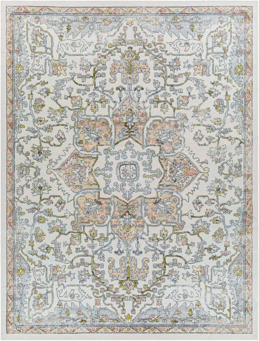 Close-up of the Reubens Area Rug: a machine-woven, rectangular rug with a traditional floral pattern in pale blue, peach, and yellow. Design-Rectangle-710103