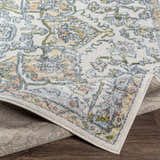 Close-up of Reubens Area Rug showing its ivory, blue, yellow, and coral traditional pattern and machine woven texture. Fold