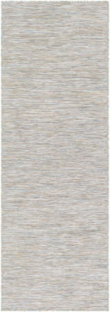Close-up of Revillo Area Rug. Machine woven, light sage, gray, tan, and teal threads create a textured, neutral pattern. Design-Runner-2773