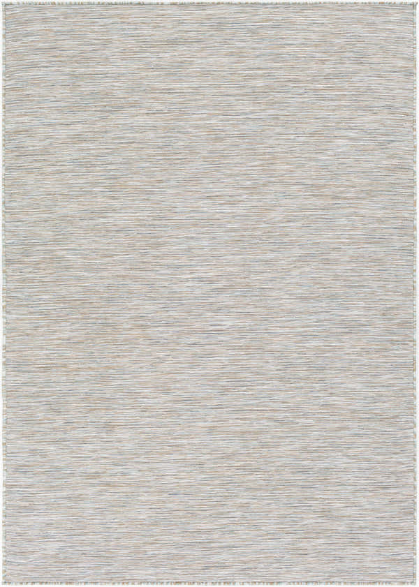 Close-up of Revillo Area Rug. Machine woven texture in light sage, medium gray, tan, teal, and white polypropylene. Design-Rectangle-5373