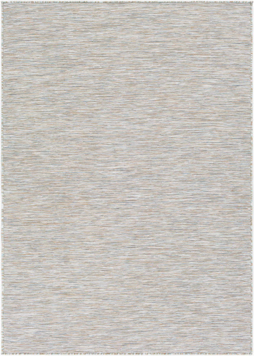 Close-up of Revillo Area Rug. Machine woven texture in light sage, medium gray, tan, teal, and white polypropylene. Design-Rectangle-5373