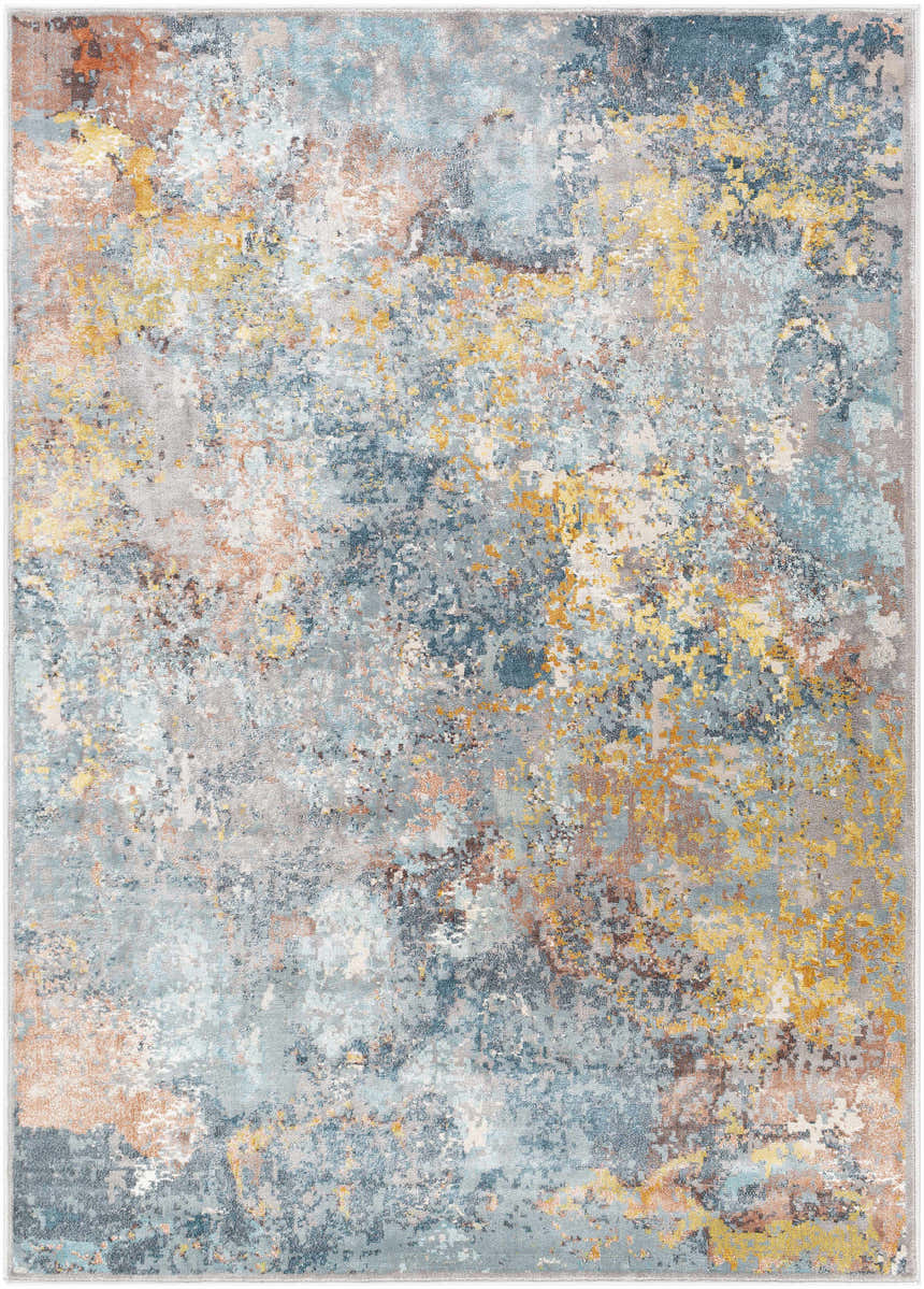 Close-up of the Argo Area Rug. Contemporary style with aqua, brown, burnt orange, and mustard abstract design. Polyester texture. Design-Rectangle-517