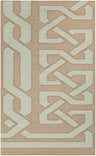 Close-up of the Rhodell Area Rug, a hand-woven wool rug with a geometric pattern in gray, light beige, and seafoam. Design-Rectangle-58