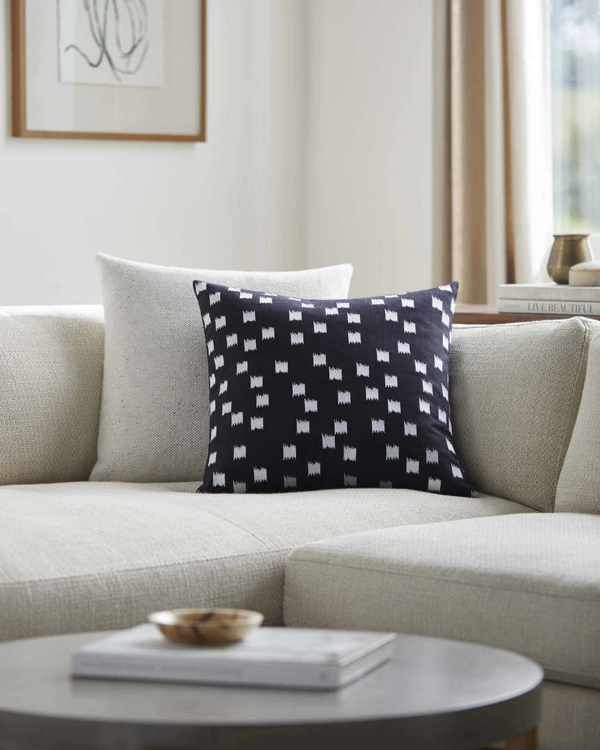 Bruska Black and Off White Brushstroke Square Pattern Modern Cotton Accent Pillow