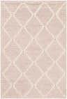 Close-up of the Riceville Pink Trellis Rug. Hand-woven wool and viscose rug with a cream trellis pattern on a pale pink background. Design-Rectangle-23