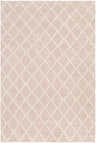 Close-up of the Riceville Pink Trellis Rug. Cream trellis pattern on pale pink wool and viscose. Hand woven texture. Design-Rectangle-576