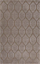 Close-up of the tan Riddle Carpet featuring a medium gray, hand-loomed damask pattern. Contemporary style. Design-Rectangle