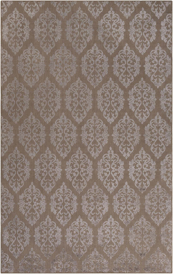 Close-up of the tan Riddle Carpet featuring a medium gray, hand-loomed damask pattern. Contemporary style. Design-Rectangle