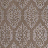 Close-up of the Riddle Carpet showing a tan background with a medium gray damask pattern. Hand loomed texture. Swatch