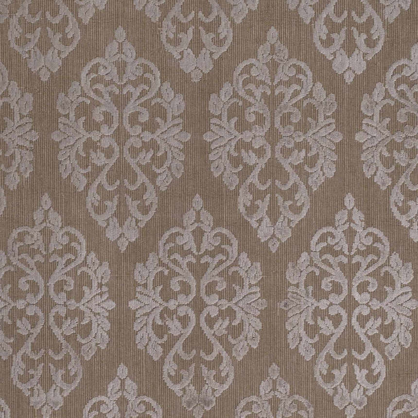 Close-up of the Riddle Carpet showing a tan background with a medium gray damask pattern. Hand loomed texture. Swatch