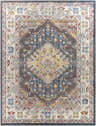 Detailed Haymond Brown Medallion Area Rug. Features brick red, charcoal, cream, and blue in a traditional pattern. Design-Rectangle-710103