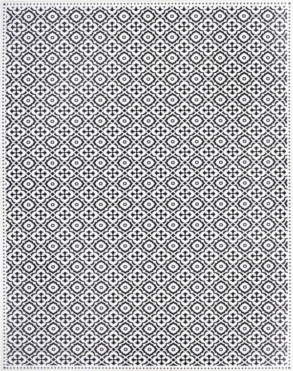 Close-up of the Ridleyton Area Rug. Black and white contemporary design with a repeating quatrefoil pattern. Design-Rectangle-6682
