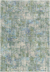 Close-up of the Riegelwood Area Rug. Machine-woven rug with light beige, medium gray, green, navy, blue, and wheat colors. Design-Rectangle-5373