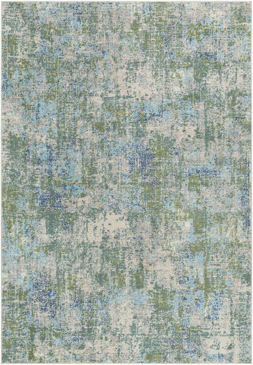 Close-up of the Riegelwood Area Rug. Machine-woven rug with light beige, medium gray, green, navy, blue, and wheat colors. Design-Rectangle-5373
